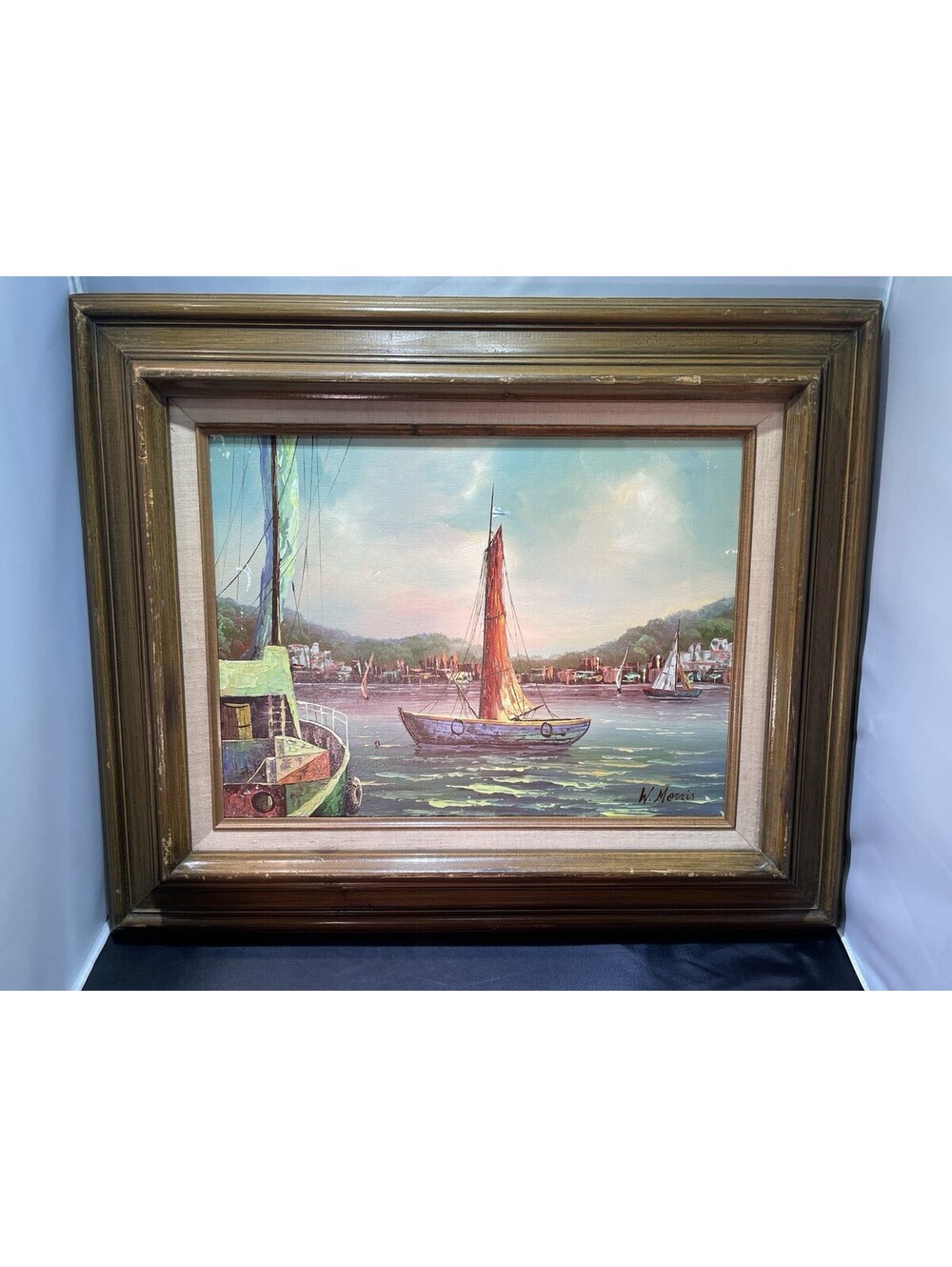 Vintage Original Bright Signed by W. Morris Oil Painting Art Boat In The Bay !!!